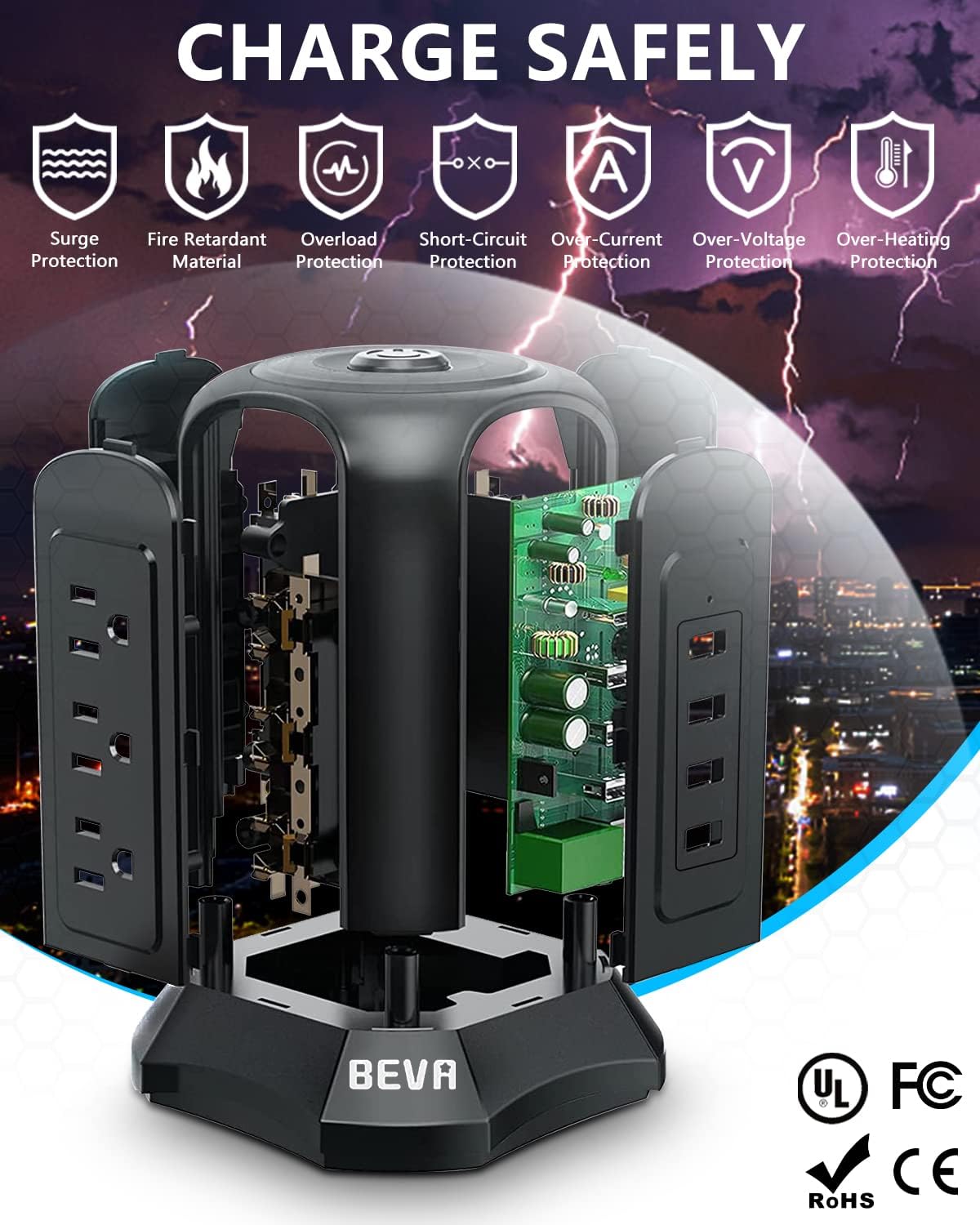 Power Strip Tower Surge Protector BEVA 10ft Flat Plug Desktop Charging Station 9 AC Outlets 4 USB Ports, 900 Joules, Long Extension Cord for Home Office Appliances Smartphones Computer Tablets(Black) - Image 5